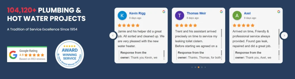 Kalamunda Plumbing website reviews panel: 4.9 Google rating based on 853 reviews, with recent five-star reviews from Kevin Rigg, Thomas Weir and Axel